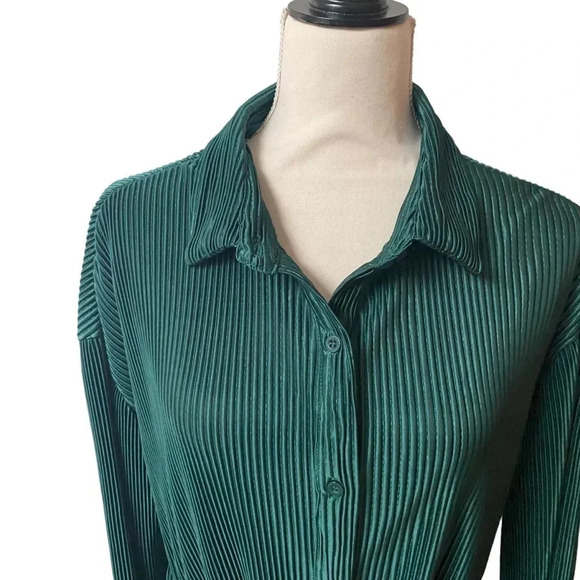 Papermoon Emerald Green Plissé Pleated Shirt Dress Belted Ruffle Hem Long Sleeve - Picture 2 of 16